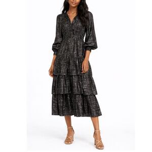 Ba&sh NWT Sophie Black Tiered Midi Dress Women’s Size 6 Silk Metallic Party